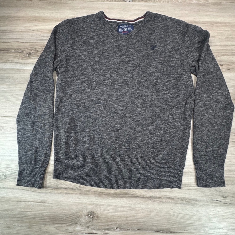 American Eagle Outfitters‎ Mens M Grey V Neck Heathered Knit Sweater Long Sleeve